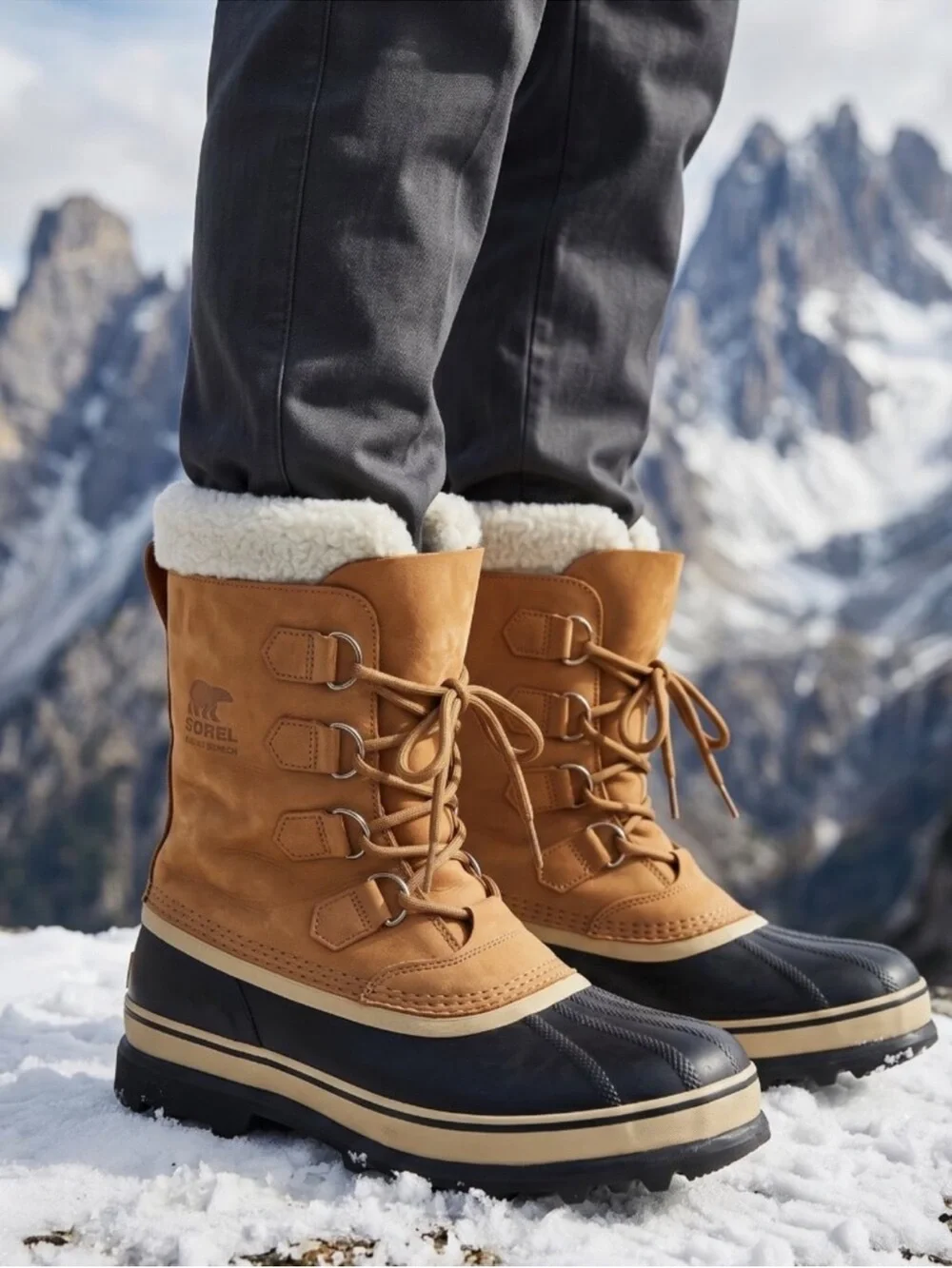 Sorel Caribou Waterproof Duck Boots Men’s 8 Tan Black Shearling Winter